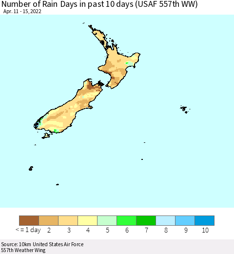 New Zealand Number of Rain Days in past 10 days (USAF 557th WW) Thematic Map For 4/11/2022 - 4/15/2022