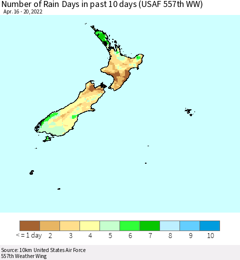 New Zealand Number of Rain Days in past 10 days (USAF 557th WW) Thematic Map For 4/16/2022 - 4/20/2022