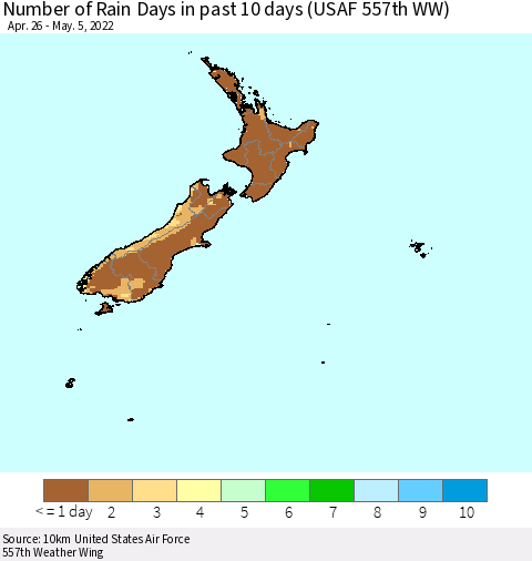 New Zealand Number of Rain Days in past 10 days (USAF 557th WW) Thematic Map For 5/1/2022 - 5/5/2022