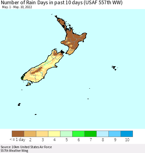 New Zealand Number of Rain Days in past 10 days (USAF 557th WW) Thematic Map For 5/6/2022 - 5/10/2022