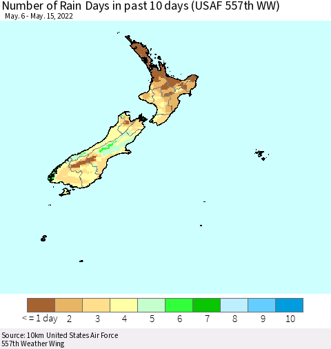 New Zealand Number of Rain Days in past 10 days (USAF 557th WW) Thematic Map For 5/11/2022 - 5/15/2022