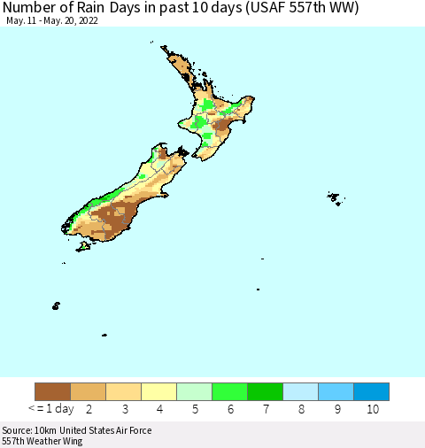 New Zealand Number of Rain Days in past 10 days (USAF 557th WW) Thematic Map For 5/16/2022 - 5/20/2022