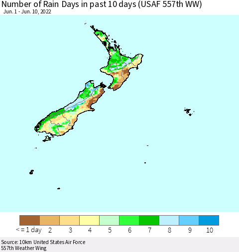 New Zealand Number of Rain Days in past 10 days (USAF 557th WW) Thematic Map For 6/6/2022 - 6/10/2022