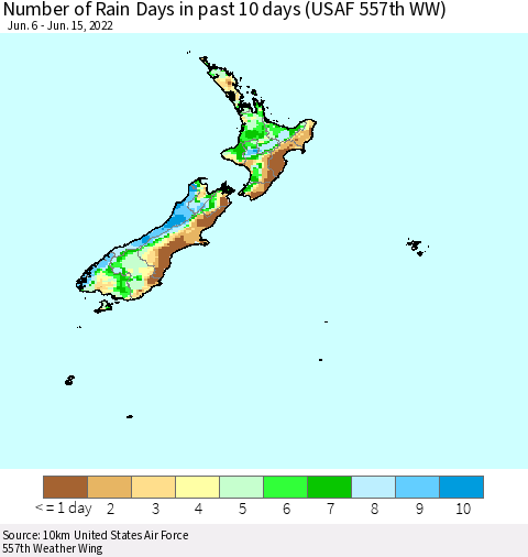 New Zealand Number of Rain Days in past 10 days (USAF 557th WW) Thematic Map For 6/11/2022 - 6/15/2022