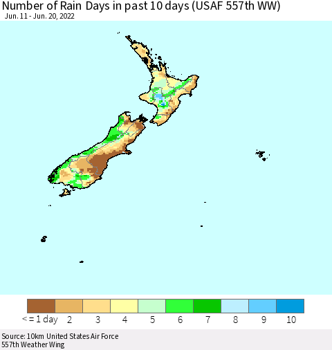 New Zealand Number of Rain Days in past 10 days (USAF 557th WW) Thematic Map For 6/16/2022 - 6/20/2022