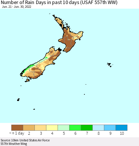 New Zealand Number of Rain Days in past 10 days (USAF 557th WW) Thematic Map For 6/26/2022 - 6/30/2022