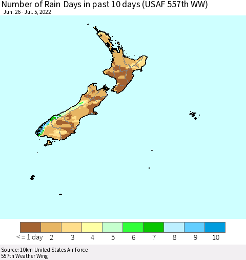 New Zealand Number of Rain Days in past 10 days (USAF 557th WW) Thematic Map For 7/1/2022 - 7/5/2022