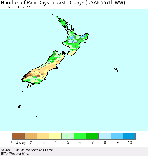 New Zealand Number of Rain Days in past 10 days (USAF 557th WW) Thematic Map For 7/11/2022 - 7/15/2022