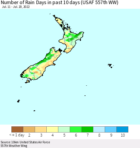 New Zealand Number of Rain Days in past 10 days (USAF 557th WW) Thematic Map For 7/16/2022 - 7/20/2022