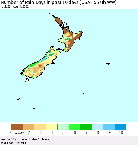 New Zealand Number of Rain Days in past 10 days (USAF 557th WW) Thematic Map For 8/1/2022 - 8/5/2022