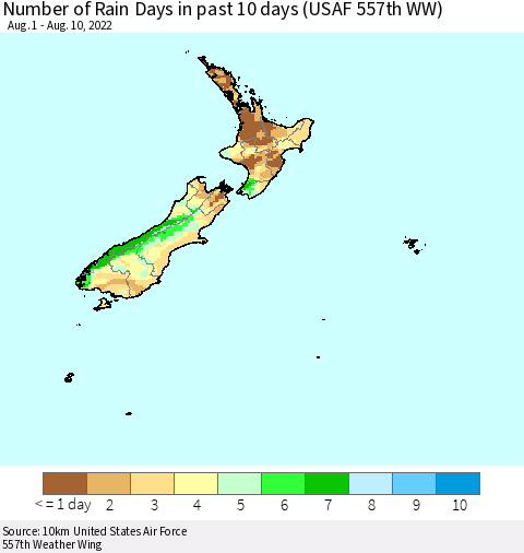 New Zealand Number of Rain Days in past 10 days (USAF 557th WW) Thematic Map For 8/6/2022 - 8/10/2022