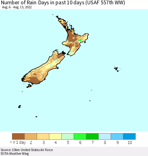 New Zealand Number of Rain Days in past 10 days (USAF 557th WW) Thematic Map For 8/11/2022 - 8/15/2022