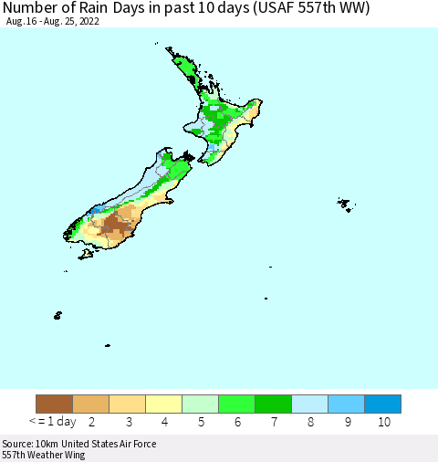New Zealand Number of Rain Days in past 10 days (USAF 557th WW) Thematic Map For 8/21/2022 - 8/25/2022
