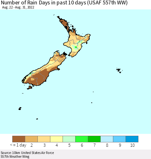 New Zealand Number of Rain Days in past 10 days (USAF 557th WW) Thematic Map For 8/26/2022 - 8/31/2022