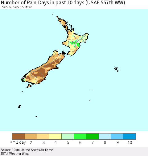 New Zealand Number of Rain Days in past 10 days (USAF 557th WW) Thematic Map For 9/11/2022 - 9/15/2022