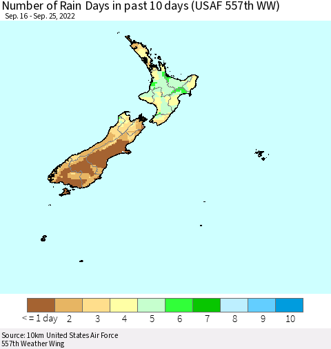 New Zealand Number of Rain Days in past 10 days (USAF 557th WW) Thematic Map For 9/21/2022 - 9/25/2022