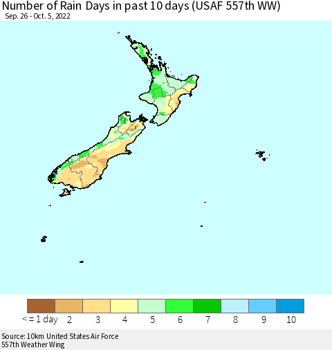 New Zealand Number of Rain Days in past 10 days (USAF 557th WW) Thematic Map For 10/1/2022 - 10/5/2022
