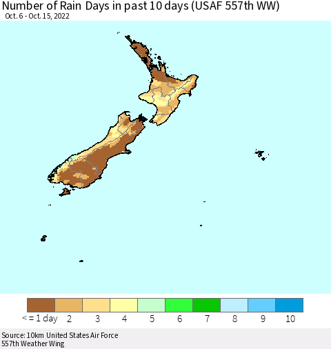 New Zealand Number of Rain Days in past 10 days (USAF 557th WW) Thematic Map For 10/11/2022 - 10/15/2022
