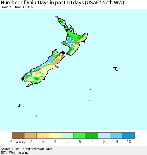 New Zealand Number of Rain Days in past 10 days (USAF 557th WW) Thematic Map For 11/26/2022 - 11/30/2022