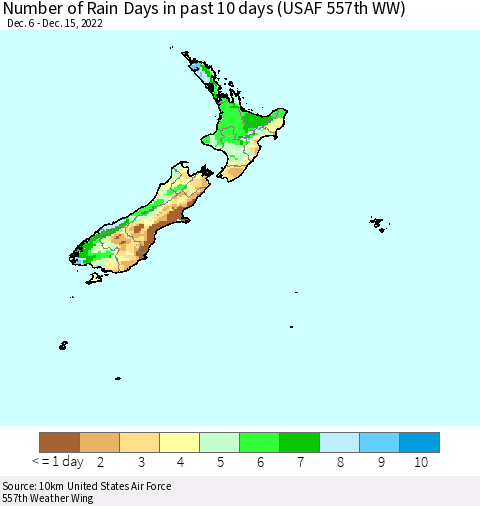 New Zealand Number of Rain Days in past 10 days (USAF 557th WW) Thematic Map For 12/11/2022 - 12/15/2022