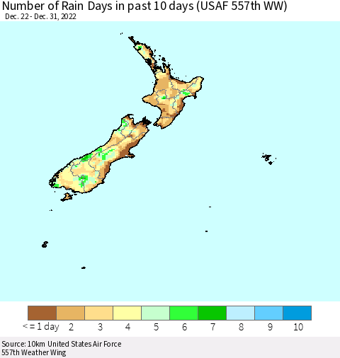 New Zealand Number of Rain Days in past 10 days (USAF 557th WW) Thematic Map For 12/26/2022 - 12/31/2022