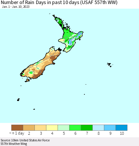 New Zealand Number of Rain Days in past 10 days (USAF 557th WW) Thematic Map For 1/6/2023 - 1/10/2023