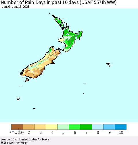 New Zealand Number of Rain Days in past 10 days (USAF 557th WW) Thematic Map For 1/11/2023 - 1/15/2023
