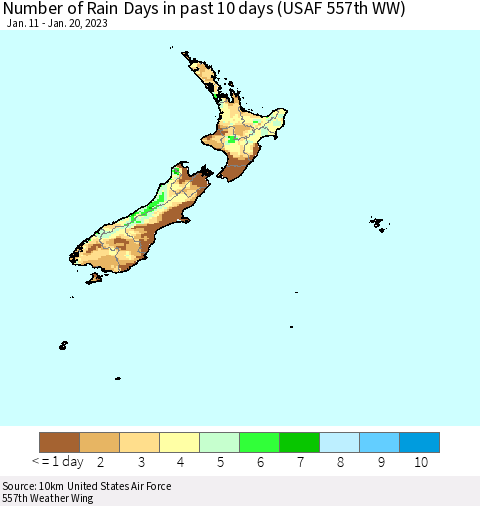 New Zealand Number of Rain Days in past 10 days (USAF 557th WW) Thematic Map For 1/16/2023 - 1/20/2023