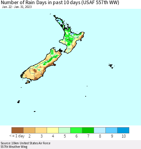 New Zealand Number of Rain Days in past 10 days (USAF 557th WW) Thematic Map For 1/26/2023 - 1/31/2023