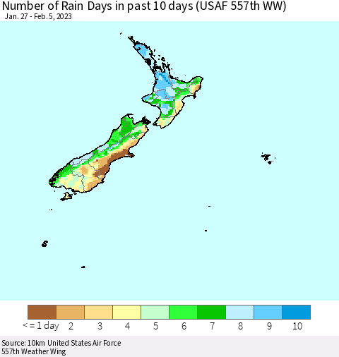 New Zealand Number of Rain Days in past 10 days (USAF 557th WW) Thematic Map For 2/1/2023 - 2/5/2023