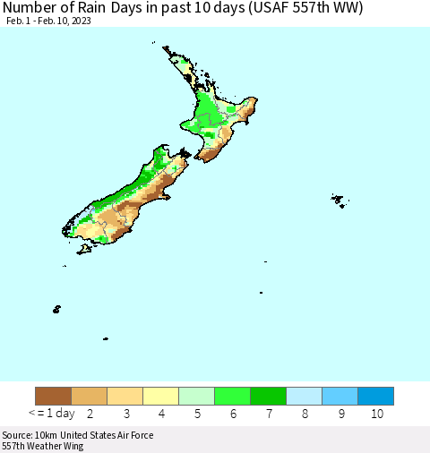 New Zealand Number of Rain Days in past 10 days (USAF 557th WW) Thematic Map For 2/6/2023 - 2/10/2023