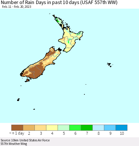 New Zealand Number of Rain Days in past 10 days (USAF 557th WW) Thematic Map For 2/16/2023 - 2/20/2023