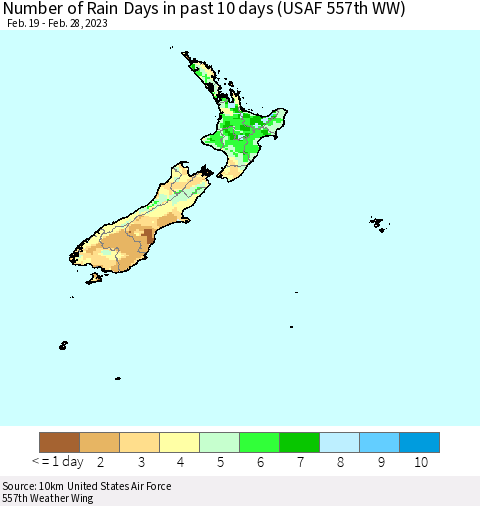 New Zealand Number of Rain Days in past 10 days (USAF 557th WW) Thematic Map For 2/26/2023 - 2/28/2023