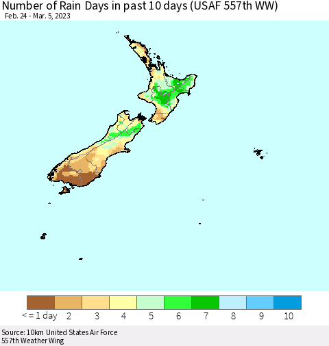 New Zealand Number of Rain Days in past 10 days (USAF 557th WW) Thematic Map For 3/1/2023 - 3/5/2023