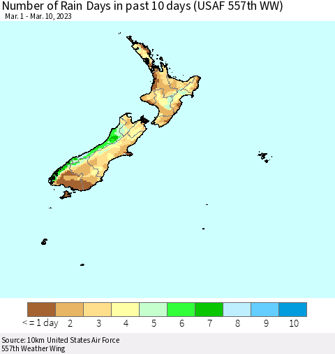 New Zealand Number of Rain Days in past 10 days (USAF 557th WW) Thematic Map For 3/6/2023 - 3/10/2023