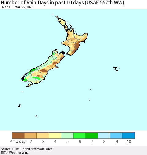 New Zealand Number of Rain Days in past 10 days (USAF 557th WW) Thematic Map For 3/21/2023 - 3/25/2023
