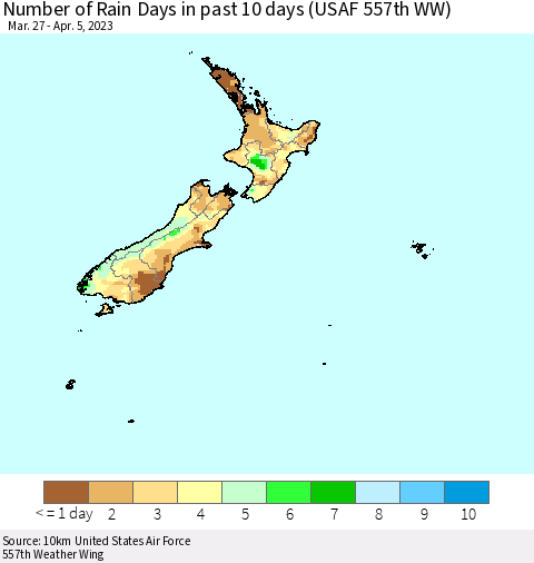 New Zealand Number of Rain Days in past 10 days (USAF 557th WW) Thematic Map For 4/1/2023 - 4/5/2023