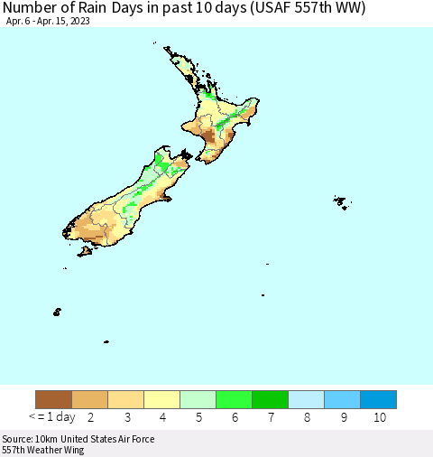 New Zealand Number of Rain Days in past 10 days (USAF 557th WW) Thematic Map For 4/11/2023 - 4/15/2023