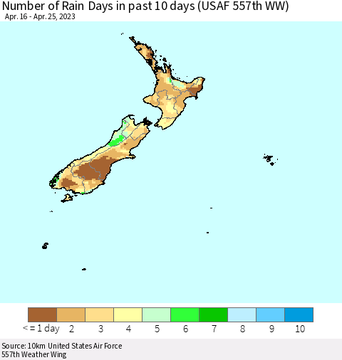 New Zealand Number of Rain Days in past 10 days (USAF 557th WW) Thematic Map For 4/21/2023 - 4/25/2023