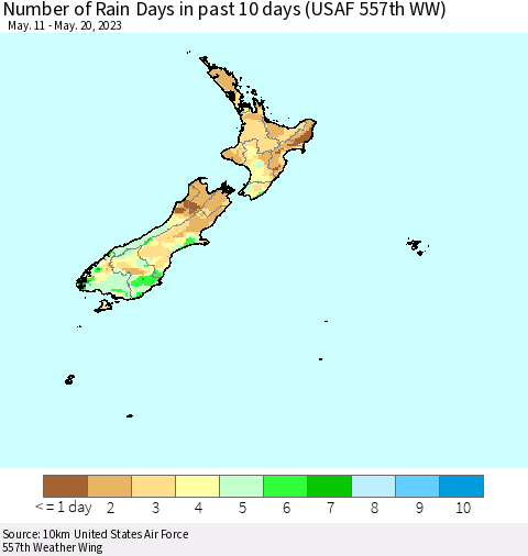 New Zealand Number of Rain Days in past 10 days (USAF 557th WW) Thematic Map For 5/16/2023 - 5/20/2023
