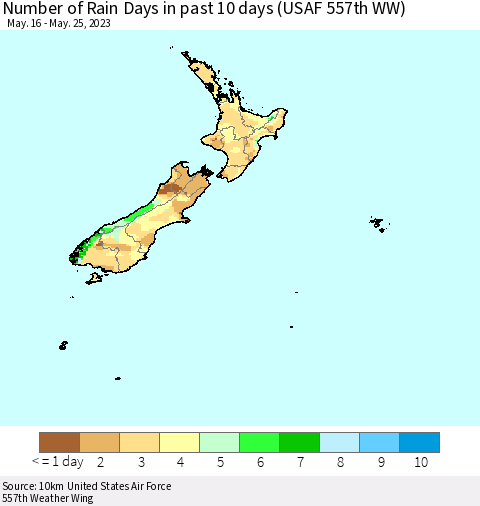 New Zealand Number of Rain Days in past 10 days (USAF 557th WW) Thematic Map For 5/21/2023 - 5/25/2023