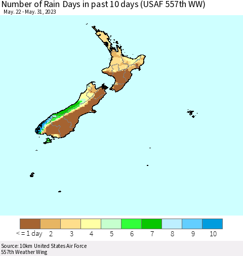 New Zealand Number of Rain Days in past 10 days (USAF 557th WW) Thematic Map For 5/26/2023 - 5/31/2023