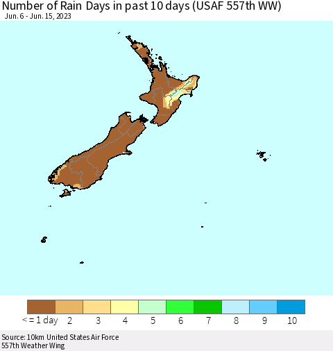 New Zealand Number of Rain Days in past 10 days (USAF 557th WW) Thematic Map For 6/11/2023 - 6/15/2023