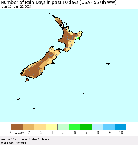 New Zealand Number of Rain Days in past 10 days (USAF 557th WW) Thematic Map For 6/16/2023 - 6/20/2023