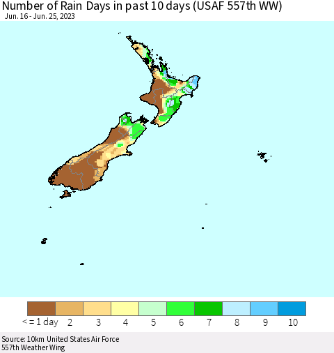 New Zealand Number of Rain Days in past 10 days (USAF 557th WW) Thematic Map For 6/21/2023 - 6/25/2023
