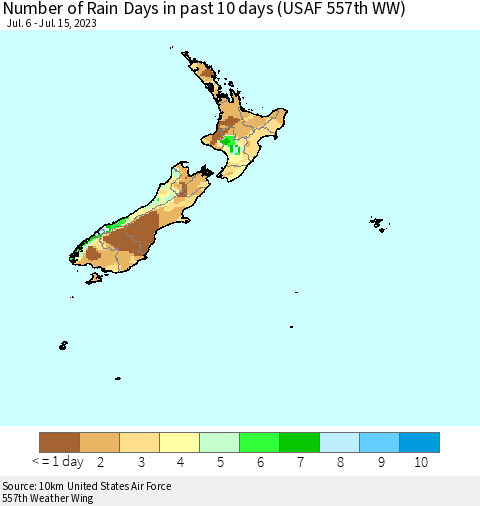 New Zealand Number of Rain Days in past 10 days (USAF 557th WW) Thematic Map For 7/11/2023 - 7/15/2023