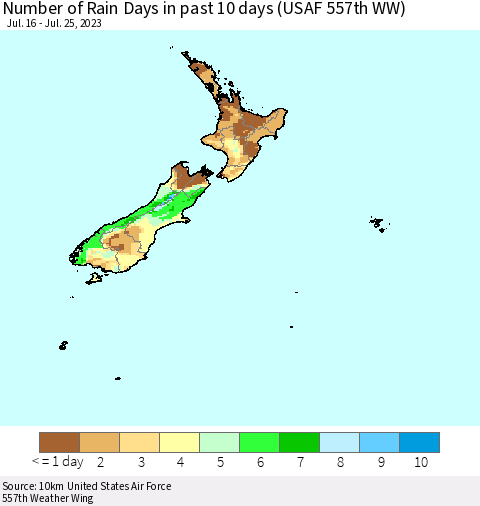 New Zealand Number of Rain Days in past 10 days (USAF 557th WW) Thematic Map For 7/21/2023 - 7/25/2023