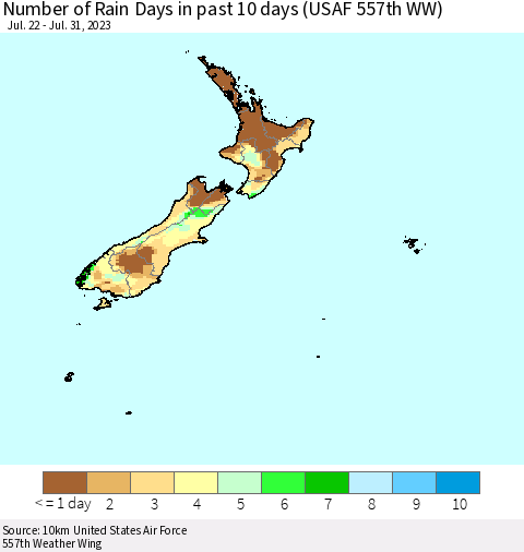 New Zealand Number of Rain Days in past 10 days (USAF 557th WW) Thematic Map For 7/26/2023 - 7/31/2023