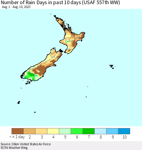 New Zealand Number of Rain Days in past 10 days (USAF 557th WW) Thematic Map For 8/6/2023 - 8/10/2023