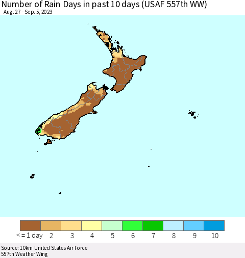 New Zealand Number of Rain Days in past 10 days (USAF 557th WW) Thematic Map For 9/1/2023 - 9/5/2023